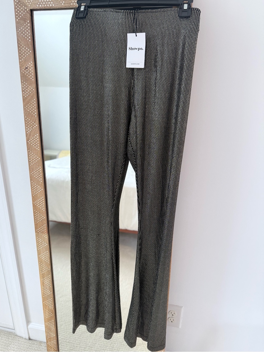 NWT Showpo Merlin Lurex Metallic Knit Flare Pants Black Silver US 6